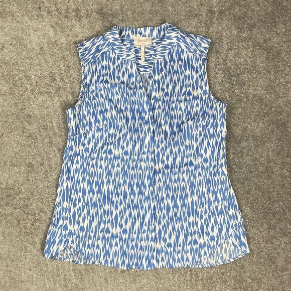 Laundry by Shelli Segal Blue White Sleeveless Blouse Button-down Top V Neck 8 - Picture 1 of 5